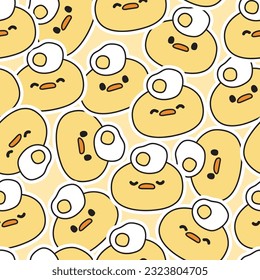 Seamless pattern of cute chicken face sticker with fried egg on head background.Baby clothing.Farm animal character cartoon.Kawaii.Vector.Illustration.