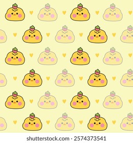 Seamless pattern of cute chicken face with strawberry and heart background.Shadow.Bird farm animal character cartoon design.Kawaii.Vector.Illustration.