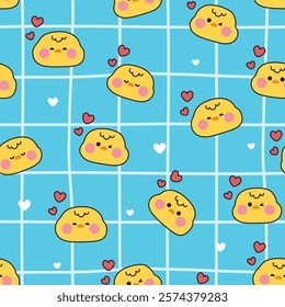 Seamless pattern of cute chicken face various feeling with heart background.Bird farm animal character cartoon design.Kawaii.Vector.Illustration.