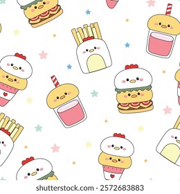 Seamless pattern of cute chicken and hen face in food concept with star white background.Fastfood.Hamburger,fresh fried,ice cream,drink.Farm bird animal character cartoon.Kawaii.Vector.