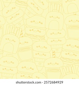 Seamless pattern of cute chicken and hen face line in food concept background.Fastfood.Hamburger,fresh fried,ice cream,drink.Farm bird animal character cartoon.Kawaii.Vector.