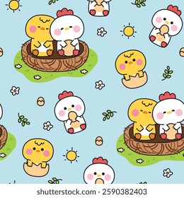 Seamless pattern of cute chicken and hen stay in bird nest on garden background.Morning.Sun,flower,leaf,egg.Farm bird animal character cartoon design.Kawaii.Vector.Illustration.