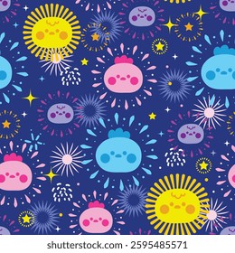 Seamless pattern of cute chicken and hen face fireworks on night star sky background.Festival,celebrates,new year,holiday.Farm bird animal character cartoon.Kawaii.Vector.Illustration.