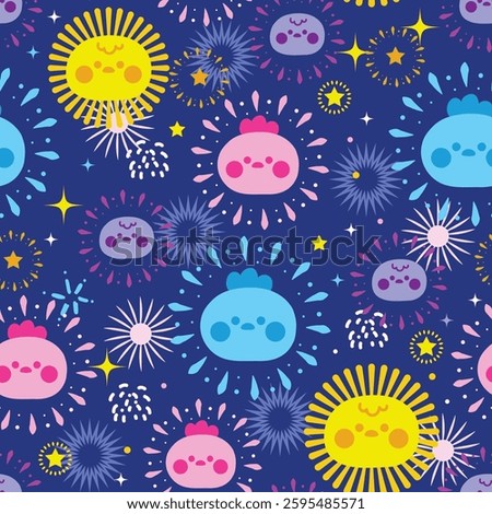 Seamless pattern of cute chicken and hen face fireworks on night star sky background.Festival,celebrates,new year,holiday.Farm bird animal character cartoon.Kawaii.Vector.Illustration.