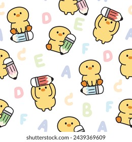 Seamless pattern of cute chicken hold pencil in various poses on white background.English alphabet.Back to school.Student.Study.Farm animal cartoon.Kawaii.Vector.Illustration.