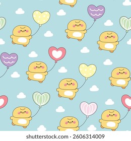 Seamless pattern of cute chicken hold heart balloon sky cloud background.Pastel.Farm bird animal character cartoon design.Kawaii.Vector.Illustration.