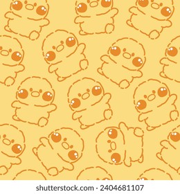 Seamless pattern of cute chicken line hand drawn  in cheerful poses on yellow background.Farm animal cartoon.Hen.Bird.Chick.Baby clothing.Print screen.Kawaii.Vector.Illustration.