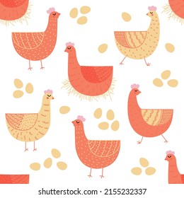 Seamless pattern of cute chicken and mother hen on transparent background. Colorful and drawn vector illustration. Great for fabric print, wrapping paper, wallpaper, greeting card, kitchen decoration.