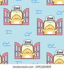 Seamless pattern of cute chicken open the window with good morning text background.Farm bird animal character cartoon design.Image for card,sticker,baby product.Kawaii.Vector.Illustration