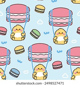 Seamless pattern of cute chicken parachute macaron shape sky cloud background.Cartoon hand drawn.Bakery,sweet,dessert.Farm animal character.Kawaii.Vector.Illustration.