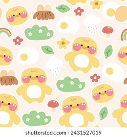 Seamless pattern of cute chicken pastel with tiny icon background.Farm animal character cartoon design.Grass,flower,mushroom,leaf,rainbow,rain,cloud,egg hand drawn.Baby clothing.Meow.Kawaii.Vector.