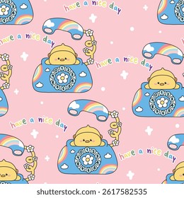 Seamless pattern of cute chicken stay on classic retro telephone desk pastel background.Kid graphic.Rainbow,cloud,flower hand drawn.Farm bird animal character cartoon.Kawaii.Vector.Illustration.