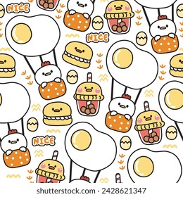 Seamless pattern of cute chicken in various character cartoon background.Hen stay on fried egg balloon.Bubble milk tea.Macaron.Farm animal.Bird.Nice text hand drawn.Kawaii.Vector.Illustration.