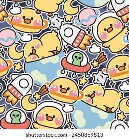 Seamless pattern of cute chicken various poses sticker in space concept background.Farm animal character cartoon design.Planet,galaxy,moon,star,rocket,earth,alien drawn.Kawaii.Vector.Illustration