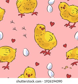 Seamless pattern with cute chicken. Vector illustration of cartoon yellow chick