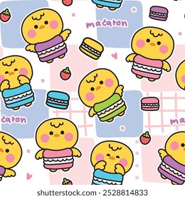 Patrón sin fisuras de la mascota linda del macaron del desgaste del pollo con el corazón y el fondo pastel de la fresa. Dibujado a mano de la panadería. Diseño de dibujos animados del carácter animal del pájaro de la granja. Kawaii. Vector.