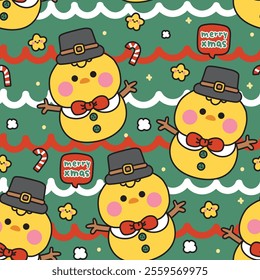 Seamless pattern of  cute chicken wear hat and bow in snowman with merry xmas text background.Candy.Star.Farm bird animal character cartoon.Kawaii.Vector.Illustration.