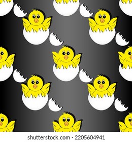 Seamless pattern with cute chicken with wings in a shell on style black background. Backdrop with a hatched chicken. Vector illustration with funny yellow domestic birds.