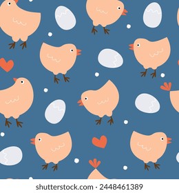 Seamless pattern with cute chickens and eggs. Abstract print with birds. Vector graphics.