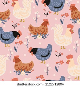 Seamless pattern with cute chickens and flowers. Vector graphics.