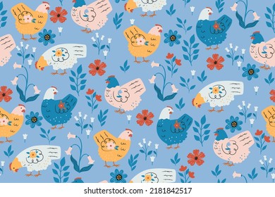 Seamless pattern with cute chickens and flowers. Vector graphics.