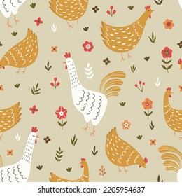 Seamless pattern with cute chickens and flowers in folk style. Chicken and rooster in cartoon style. Hand drawn design for textiles, clothing, bed linen, office supplies.