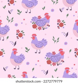 Patrón sin foco con lindos pollos y flores. Gráficos vectoriales.