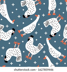 Seamless pattern with cute chickens and geese