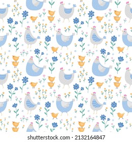 Seamless pattern with cute chickens, hens and plants on a white background.