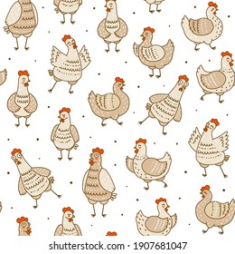 Seamless pattern with cute chickens isolated on white - cartoon hens and roosters characters for happy farm design