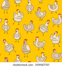 Seamless pattern with cute chickens isolated on yellow background - cartoon hens and roosters character for happy farm design