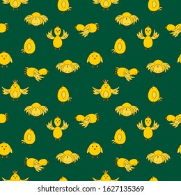 Seamless pattern with cute chickens on a dark green background. Stock vector illustration for decoration and design, packaging, wallpaper, fabrics, postcards, web pages, wrapping paper and more.