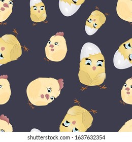Seamless pattern with cute chickens on a gray background. Vector. Decor element. Suitable for wallpaper, covers, fabric, wrapping paper. Children's illustration