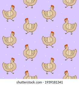Seamless pattern with cute chickens on violet background - cartoon hens characters for happy farm design
