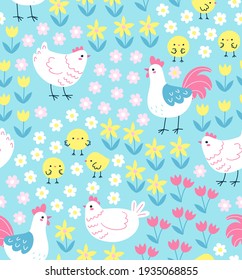 Seamless pattern with cute chickens and roosters on floral background. Springtime vector illustration in trendy hand-drawn style. Swatch is included.