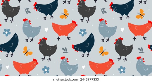 Seamless pattern with cute chickens. Summer abstract print with pet birds. Vector graphics.