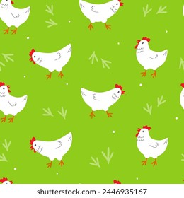 Seamless pattern with cute chickens in summer. Abstract kitchen print with birds. Vector graphics.