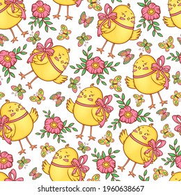 Seamless pattern with cute chicks, butterflies and flowers. Fabric design, wallpaper, kids decor.