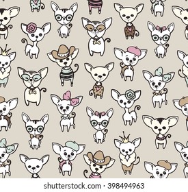 Seamless pattern of cute chihuahua with accessories, vector doodle illustration in vintage style.