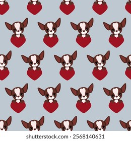 Seamless pattern with cute chihuahua dogs with a heart in their paw for Valentine's Day