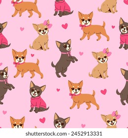 Seamless pattern with cute chihuahuas with pink bows. Vector graphics.