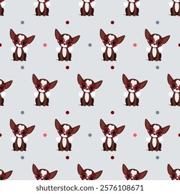 Seamless pattern of cute chihuahuas wearing glasses with dots