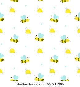 Seamless pattern with cute childish bees and bee nest.