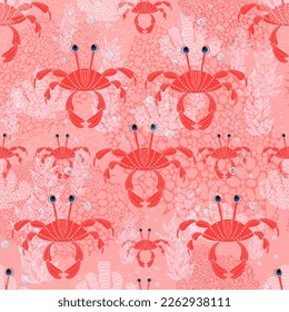 seamless pattern cute childish. seamless pattern with crabs. For fashion fabrics, baby clothes, t-shirts, cards, templates and scrapbooking. Children's drawing style. Sea life pattern.pink color.Vecto