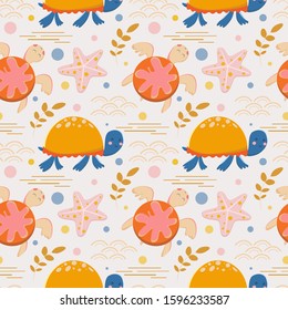 Seamless pattern with cute childish illustration. Cartoon sea turtles, sea star, seaweed in cartoon background in vector. Illustration for children in vector. Cute sea, ocean characters.