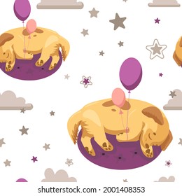 Seamless pattern. Cute childish illustration, sleeping puppy, balloons, clouds, stars. Delicate colors. For nursery, printing on fabric, clothing, wallpaper, packaging, banner, background.