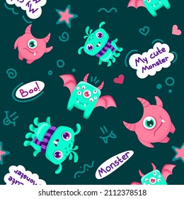 Seamless pattern with cute childish monsters. Can be used for kids textile print, fabric, nursery decoration and wrapping paper. Vector cartoon background