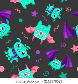 Seamless pattern with cute childish monsters. Can be used for kids textile print, fabric, nursery decoration and wrapping paper. Vector cartoon background
