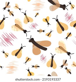 Seamless pattern with cute childish moths and strokes on white Flat cartoon style with watercolor texture Vector illustration for wrapping paper, textile, nursery decoration
