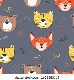 Seamless pattern with cute, childish and playful cartoon animals vector illustration for wrapping paper, t-shirt, printing, packaging, fabric, clothing and others 